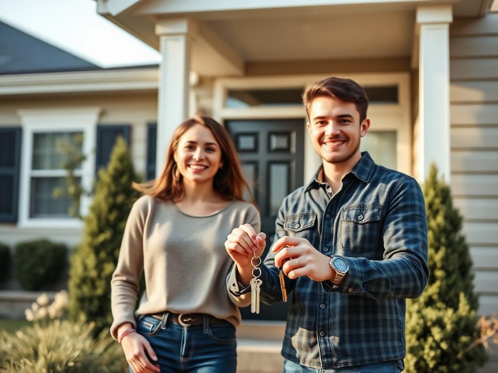 Jeune couple recevant les clés de sa première maison