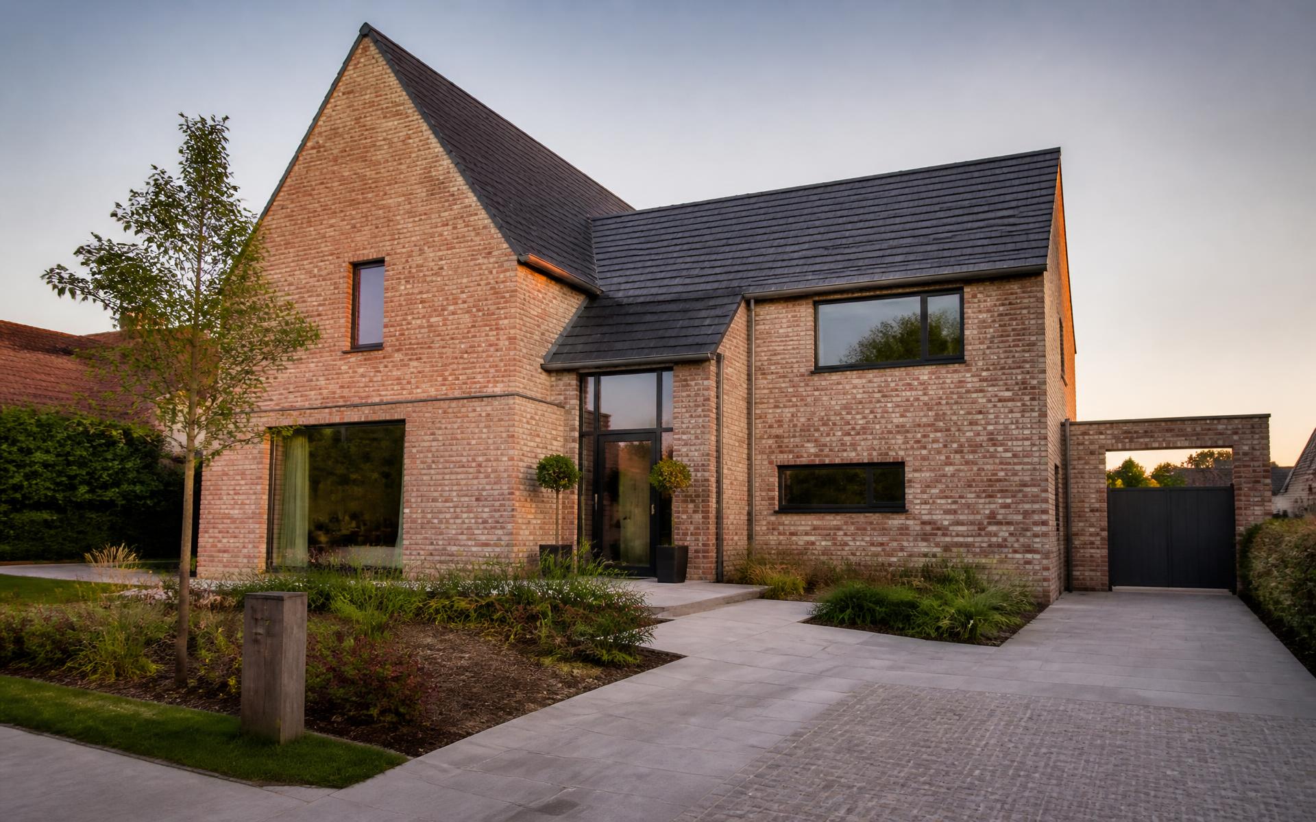 Maison contemporaine belge en brique au coucher du soleil